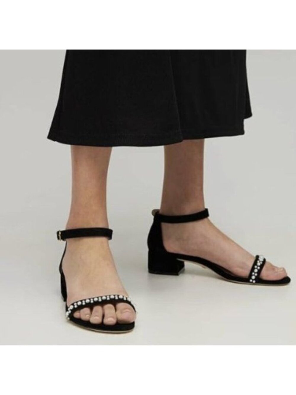 XYD Women Pearls Open Toe Strappy Low Block Heel Sandal Flats Ankle Strap Black
